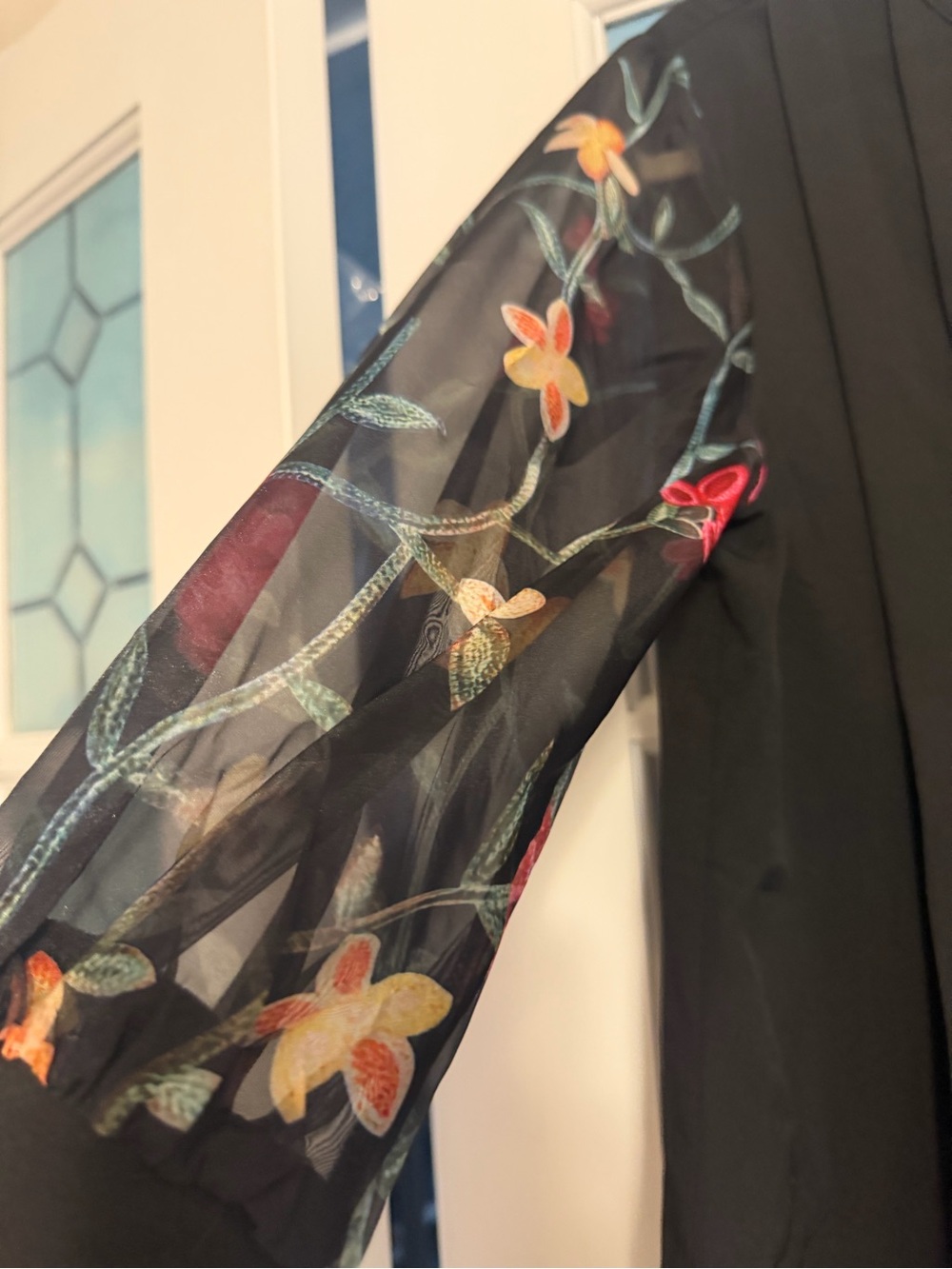 Source Unknown Black A-Line Dress with Embroidered Sheer Floral Sleeves - Picture 4 of 6
